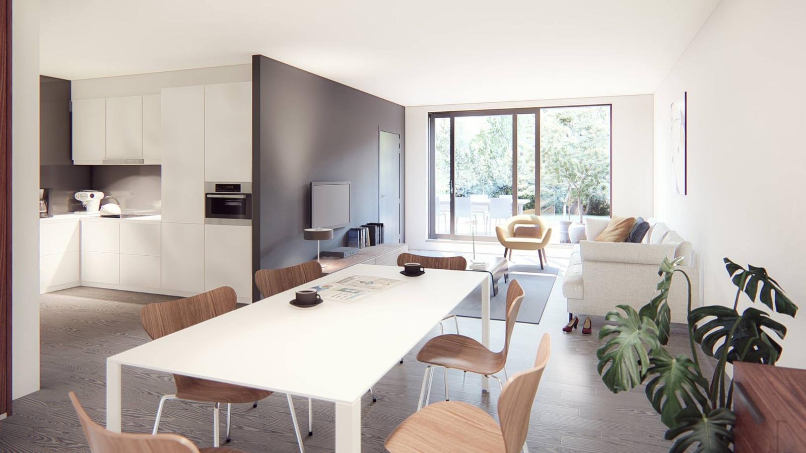 Interieur leef- en eetruimte met open keuken en terraszicht