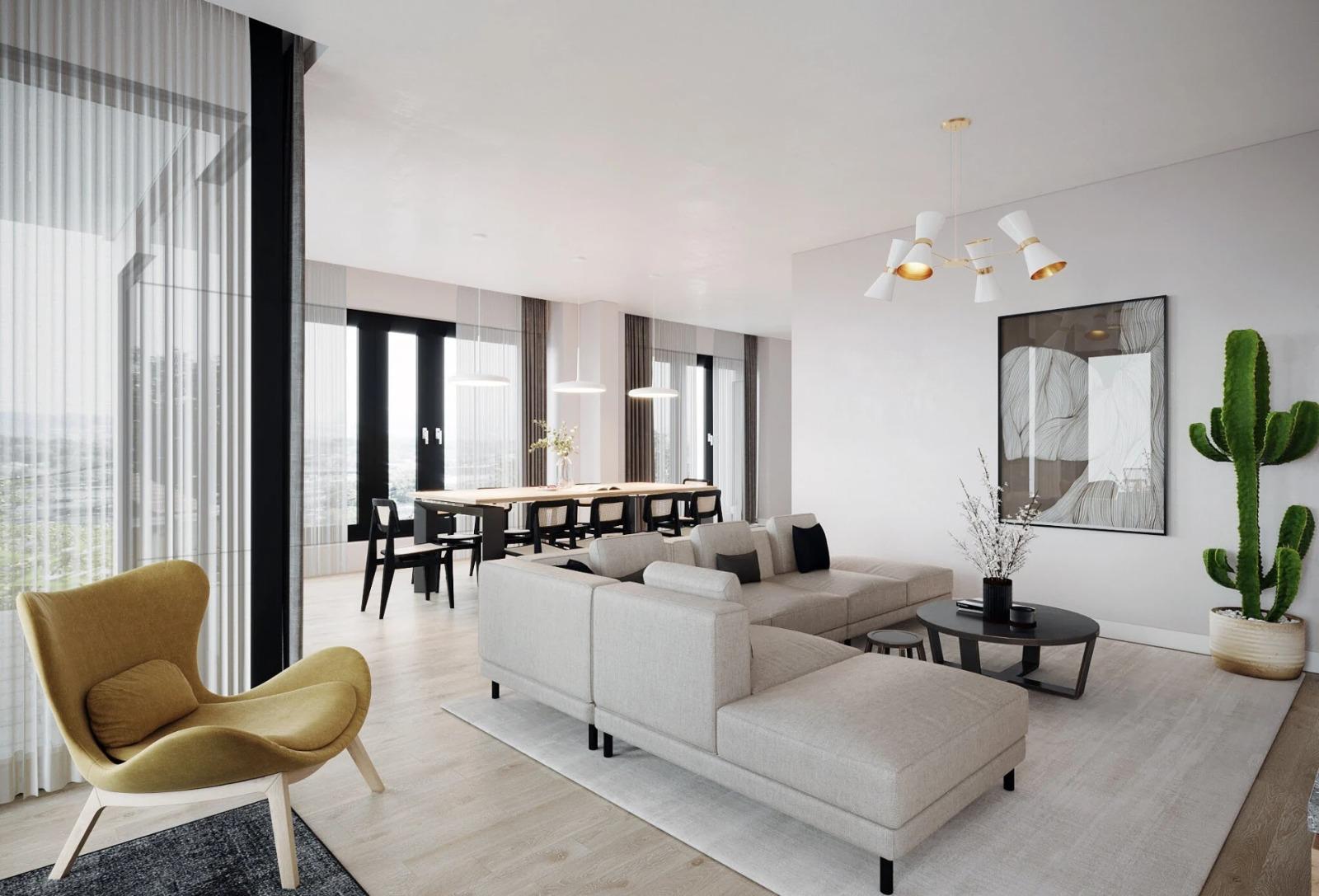Interieur leefruimte met eettafel en zicht