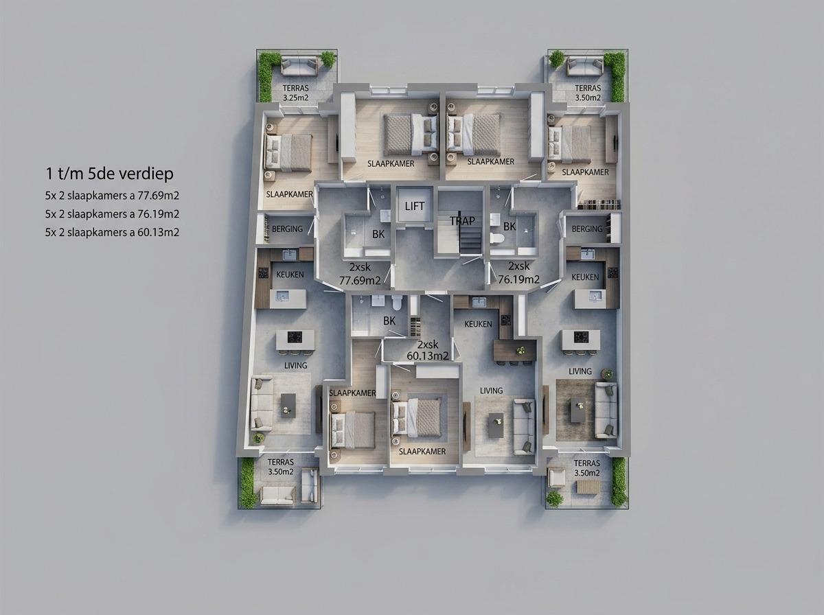 3D plattegrond verdiepingen +1 t/m +5 met indeling slaapkamers, keuken, living en terrassen